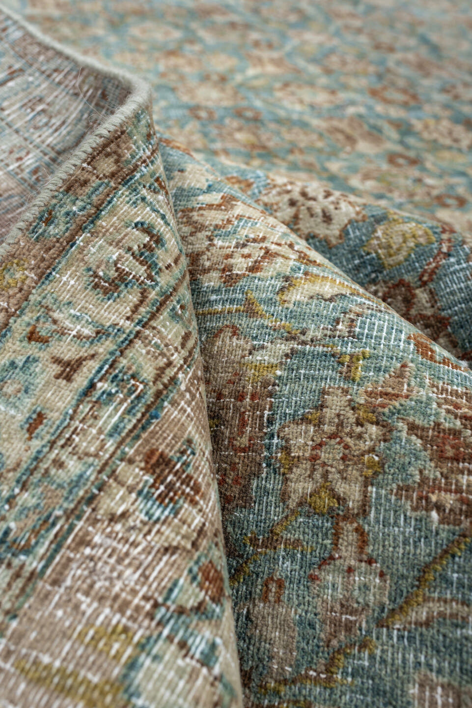 9' x 12' one-of-a-kind handmade antique Khorassan large size rug. Color palette: turquoise, ivory, sand, taupe, sage, camel