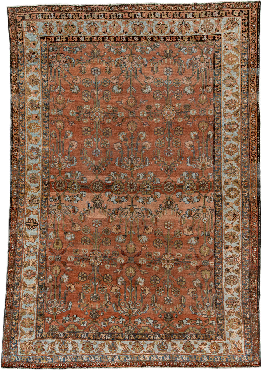 8' x 11' one-of-a-kind handmade antique Baktiary large size rug. Color palette: terra cotta, ivory, sky blue, camel