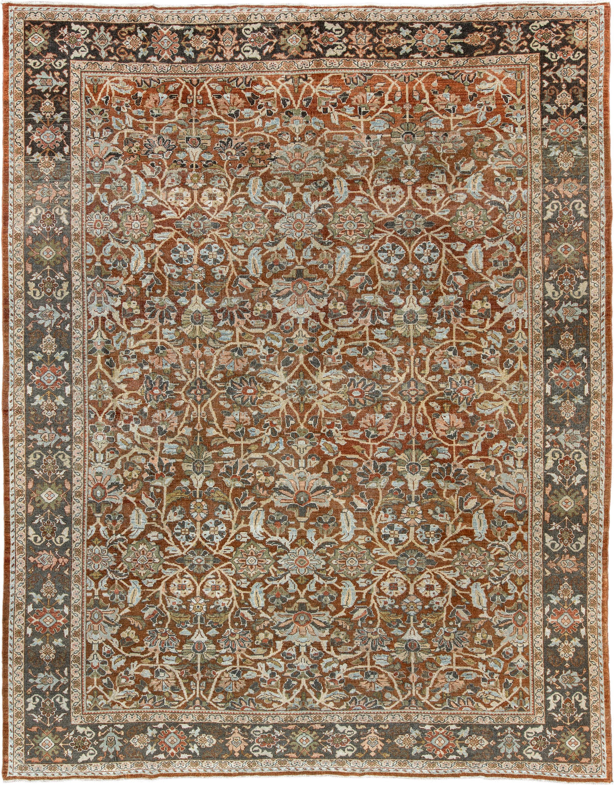 9' x 11' one-of-a-kind handmade antique Mahal large size rug. Color palette: rust, charcoal, ivory, sage, terra cotta