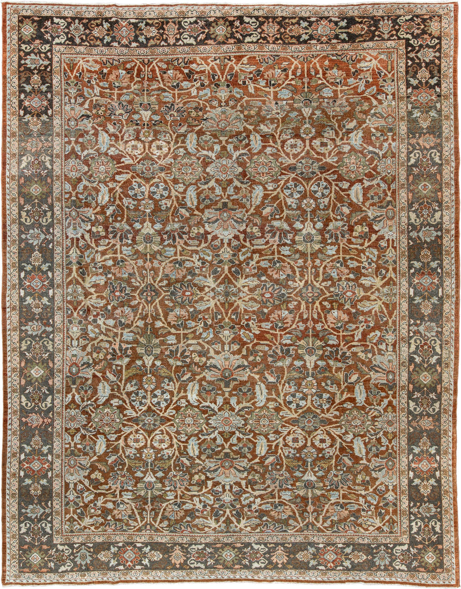 9' x 11' one-of-a-kind handmade antique Mahal large size rug. Color palette: rust, charcoal, ivory, sage, terra cotta