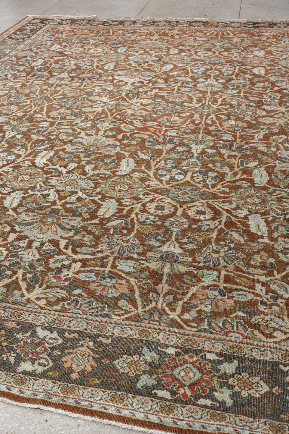 9' x 11' one-of-a-kind handmade antique Mahal large size rug. Color palette: rust, charcoal, ivory, sage, terra cotta