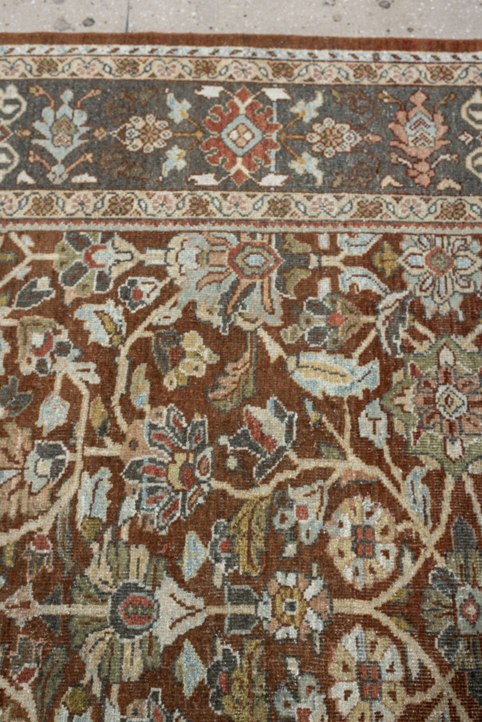 9' x 11' one-of-a-kind handmade antique Mahal large size rug. Color palette: rust, charcoal, ivory, sage, terra cotta