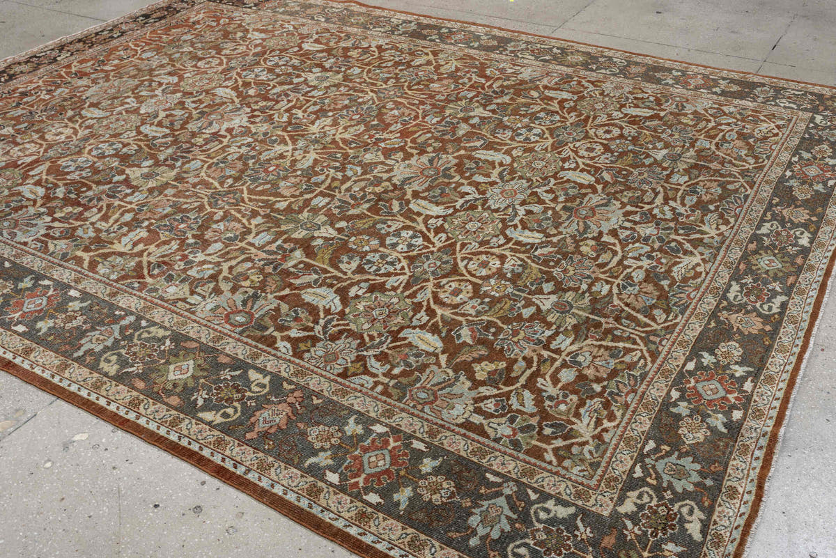 9' x 11' one-of-a-kind handmade antique Mahal large size rug. Color palette: rust, charcoal, ivory, sage, terra cotta