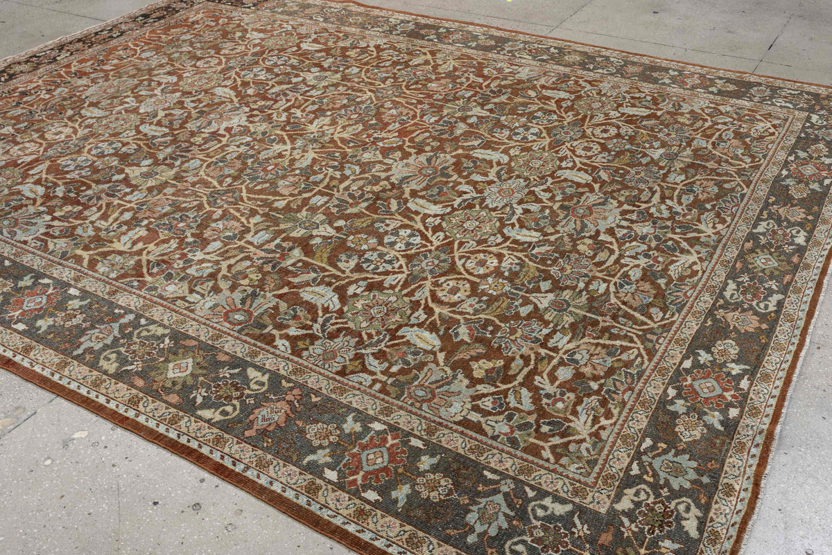 9' x 11' one-of-a-kind handmade antique Mahal large size rug. Color palette: rust, charcoal, ivory, sage, terra cotta