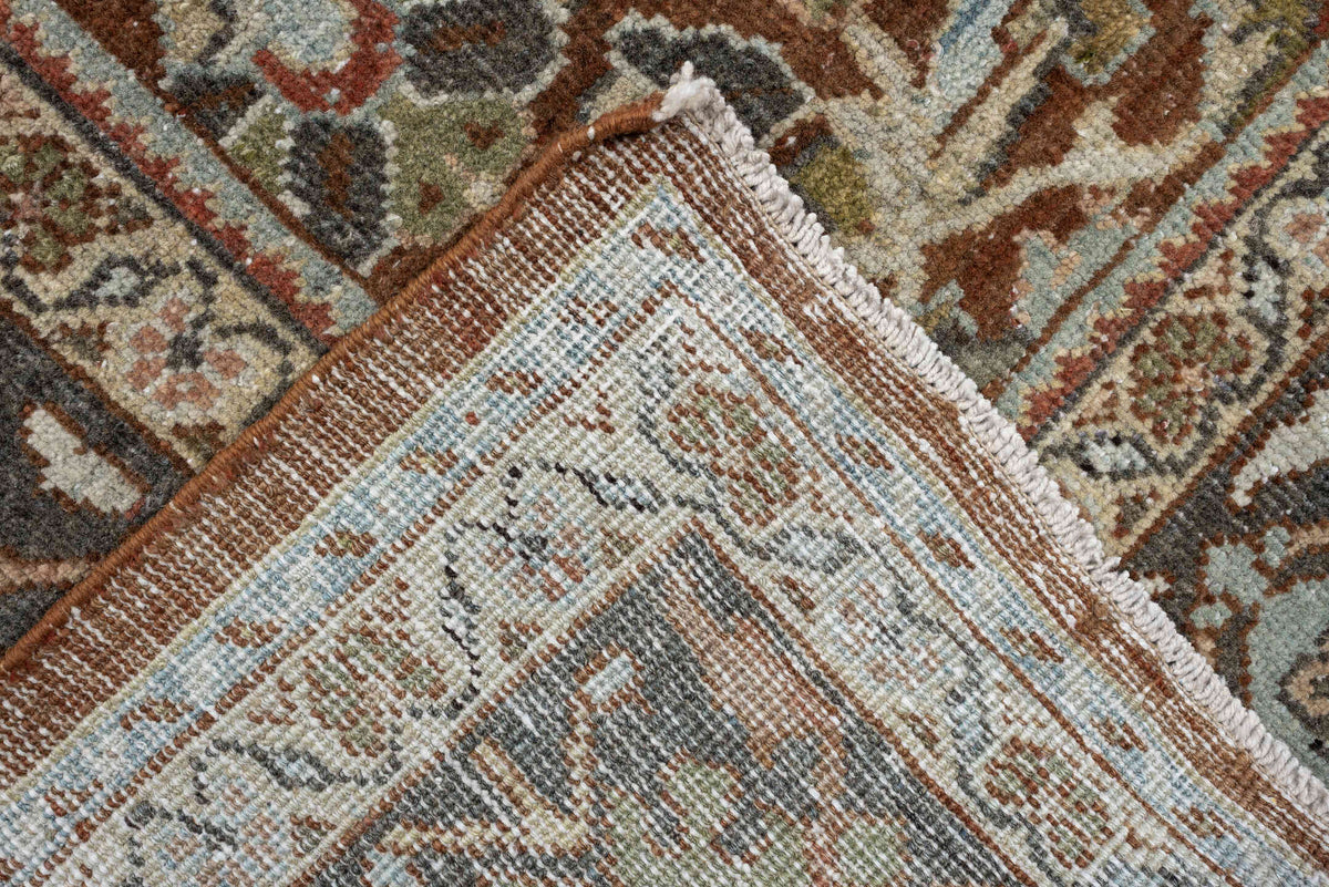 9' x 11' one-of-a-kind handmade antique Mahal large size rug. Color palette: rust, charcoal, ivory, sage, terra cotta