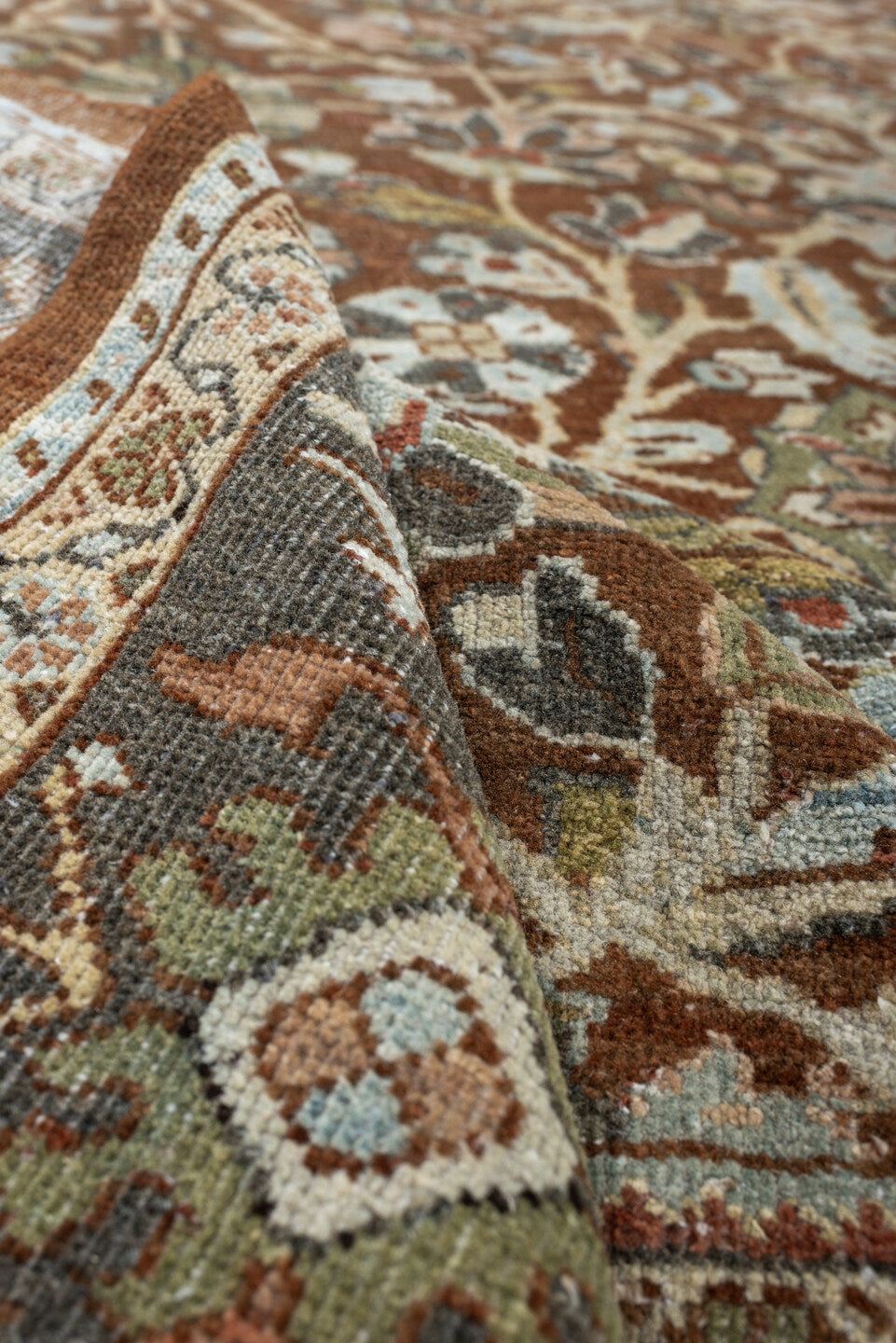 9' x 11' one-of-a-kind handmade antique Mahal large size rug. Color palette: rust, charcoal, ivory, sage, terra cotta