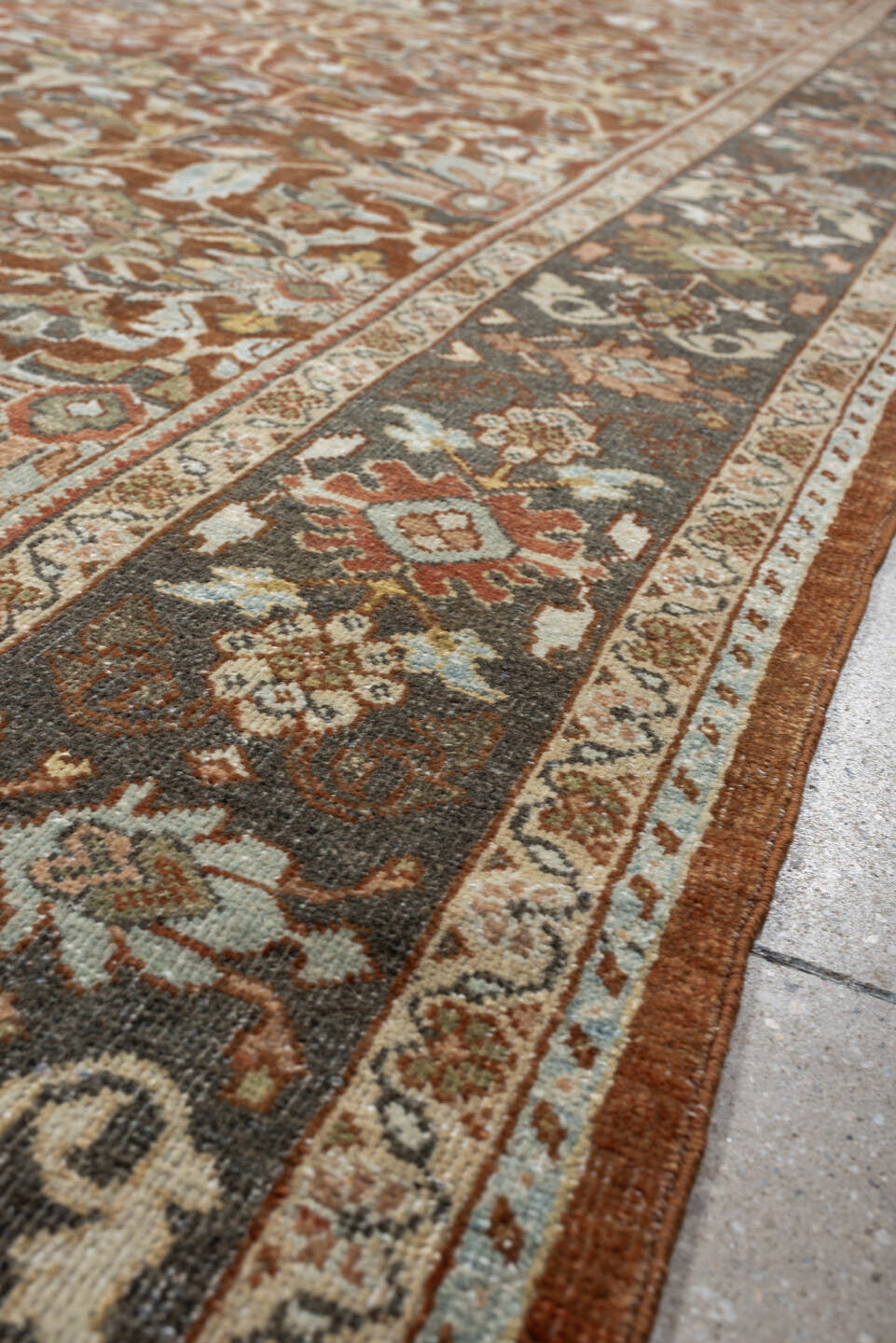 9' x 11' one-of-a-kind handmade antique Mahal large size rug. Color palette: rust, charcoal, ivory, sage, terra cotta