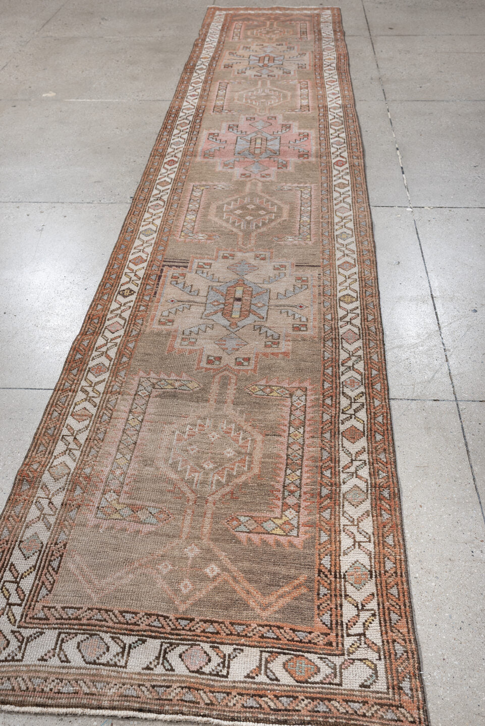 2' x 13' one-of-a-kind handmade antique Kurd runner rug. Color palette: taupe, ivory, terra cotta, charcoal, blue gray, rose