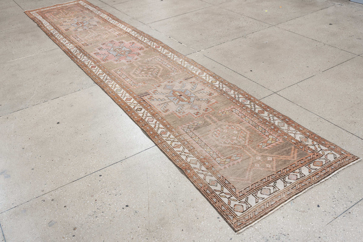 2' x 13' one-of-a-kind handmade antique Kurd runner rug. Color palette: taupe, ivory, terra cotta, charcoal, blue gray, rose