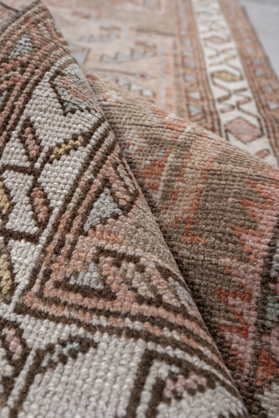 2' x 13' one-of-a-kind handmade antique Kurd runner rug. Color palette: taupe, ivory, terra cotta, charcoal, blue gray, rose