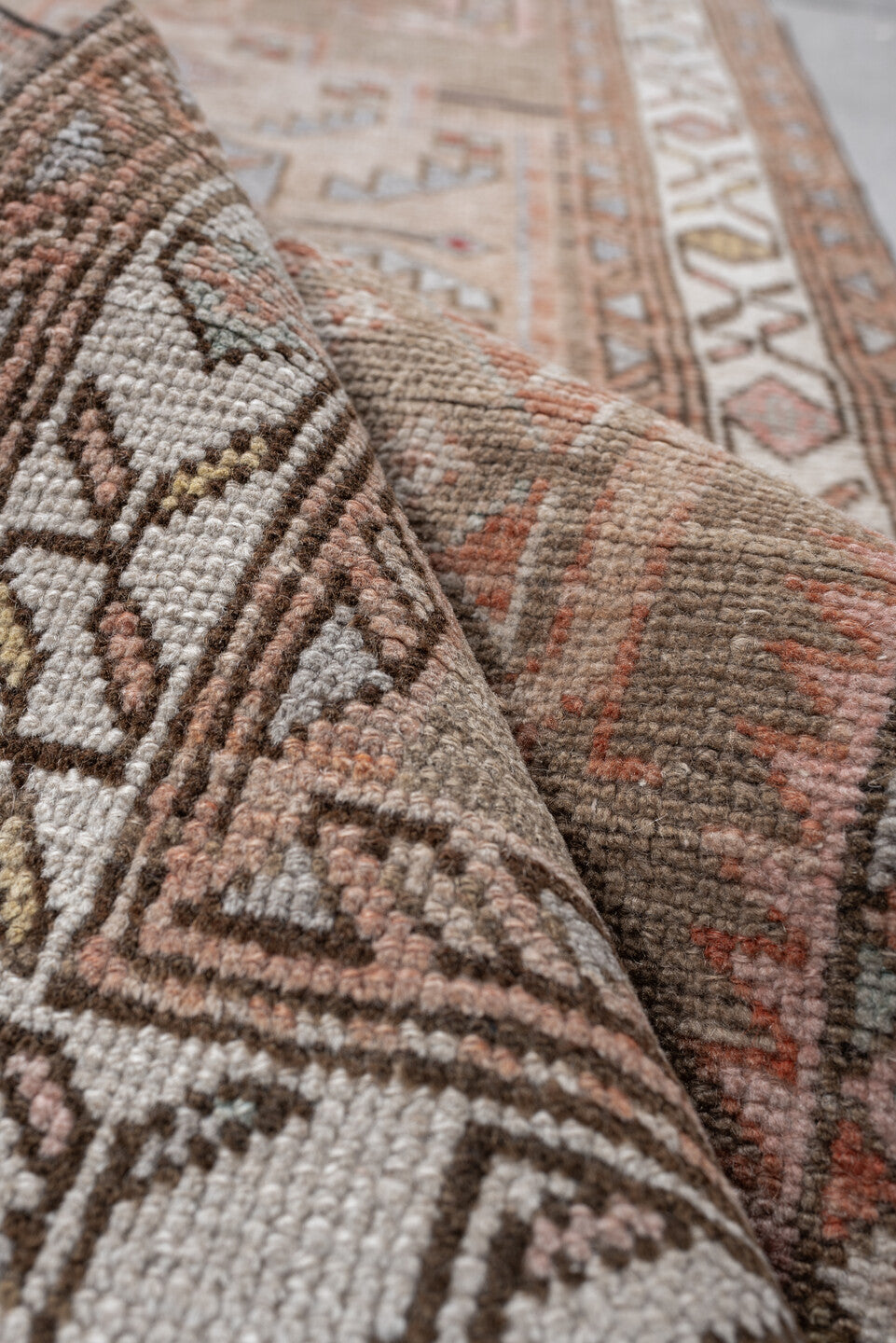 2' x 13' one-of-a-kind handmade antique Kurd runner rug. Color palette: taupe, ivory, terra cotta, charcoal, blue gray, rose