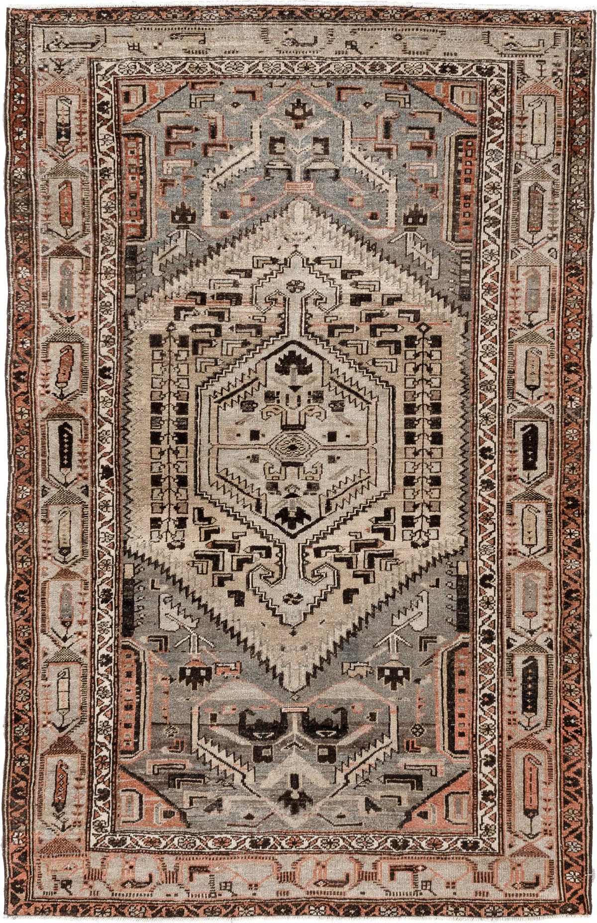 4' x 6' one-of-a-kind handmade antique Hamadan rug. Color palette: ivory, slate blue, charcoal, terracotta, taupe, ebony