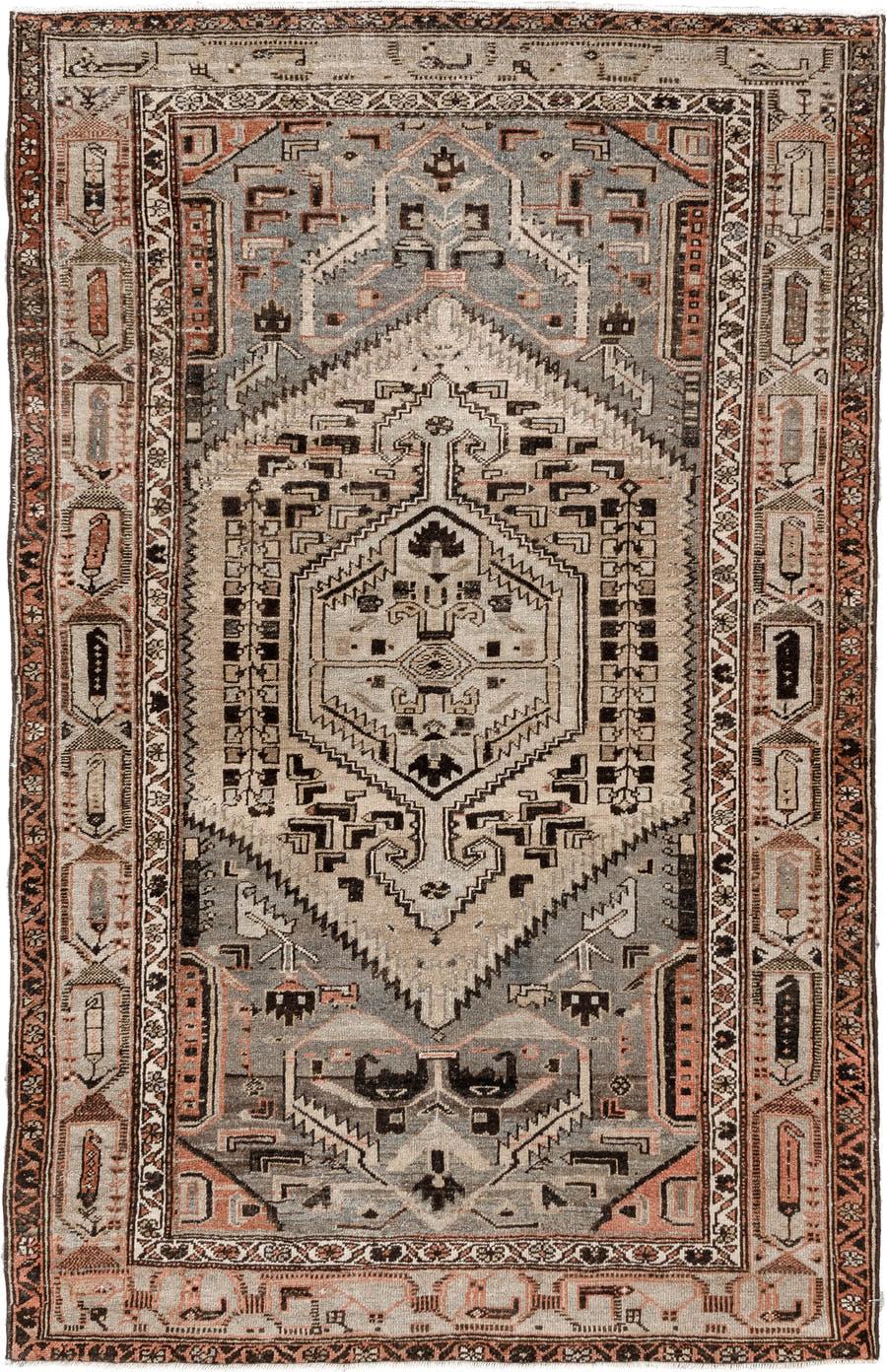 4' x 6' one-of-a-kind handmade antique Hamadan rug. Color palette: ivory, slate blue, charcoal, terracotta, taupe, ebony