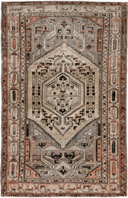 4' x 6' one-of-a-kind handmade antique Hamadan rug. Color palette: ivory, slate blue, charcoal, terracotta, taupe, ebony