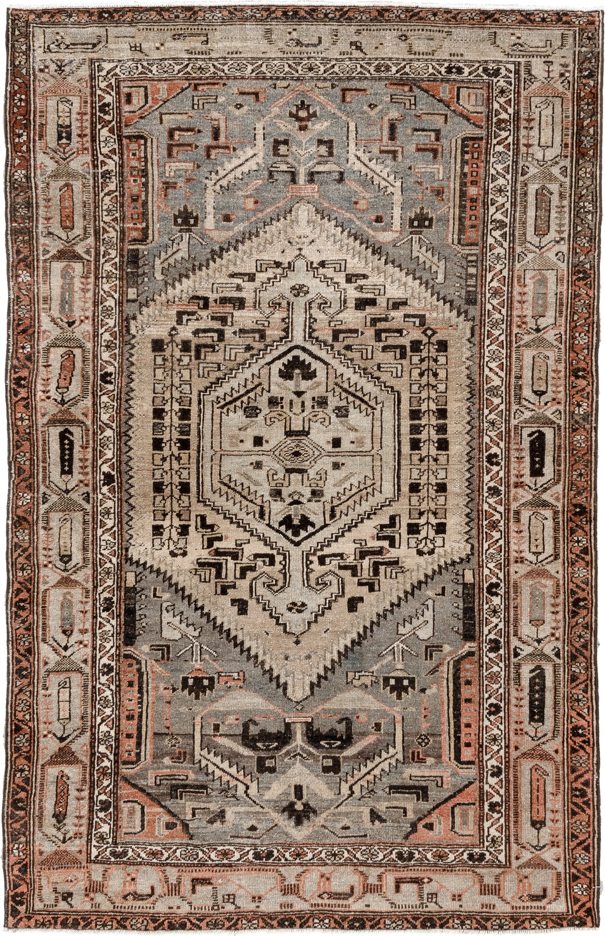 4' x 6' one-of-a-kind handmade antique Hamadan rug. Color palette: ivory, slate blue, charcoal, terracotta, taupe, ebony