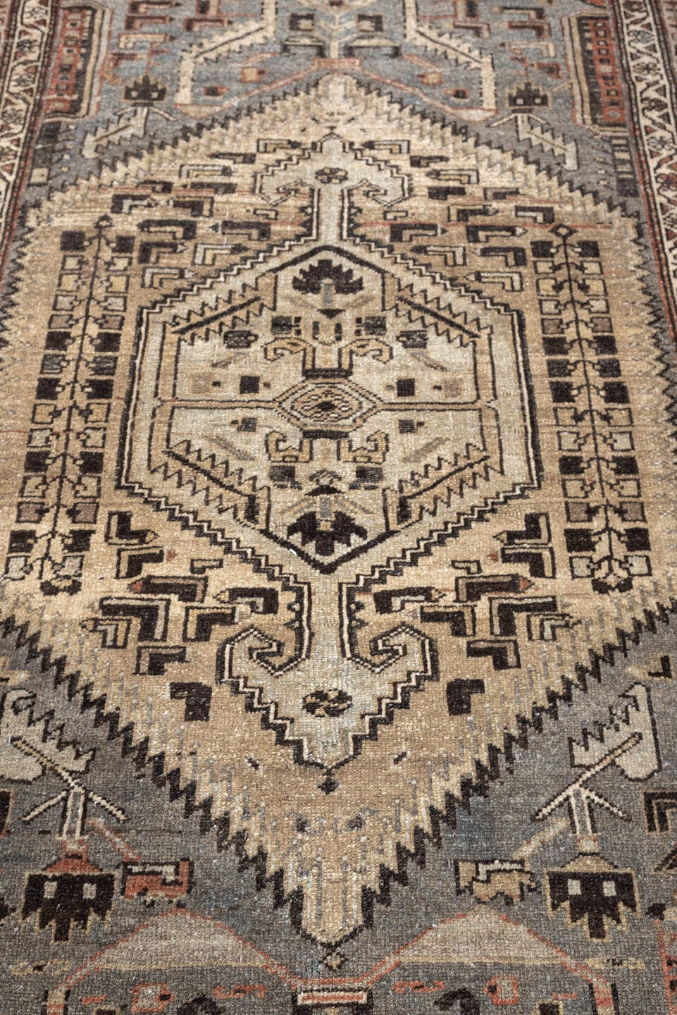 4' x 6' one-of-a-kind handmade antique Hamadan rug. Color palette: ivory, slate blue, charcoal, terracotta, taupe, ebony