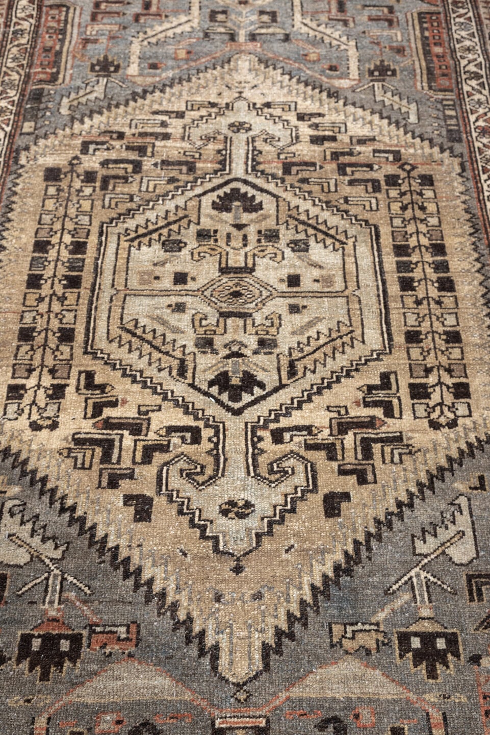 4' x 6' one-of-a-kind handmade antique Hamadan rug. Color palette: ivory, slate blue, charcoal, terracotta, taupe, ebony