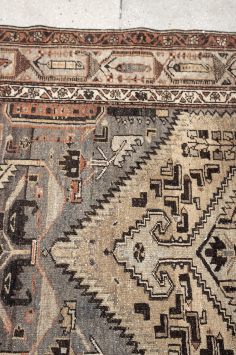 4' x 6' one-of-a-kind handmade antique Hamadan rug. Color palette: ivory, slate blue, charcoal, terracotta, taupe, ebony