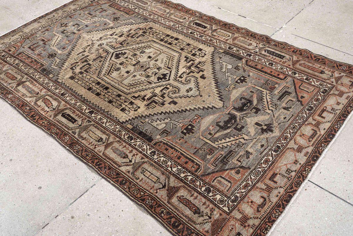 4' x 6' one-of-a-kind handmade antique Hamadan rug. Color palette: ivory, slate blue, charcoal, terracotta, taupe, ebony
