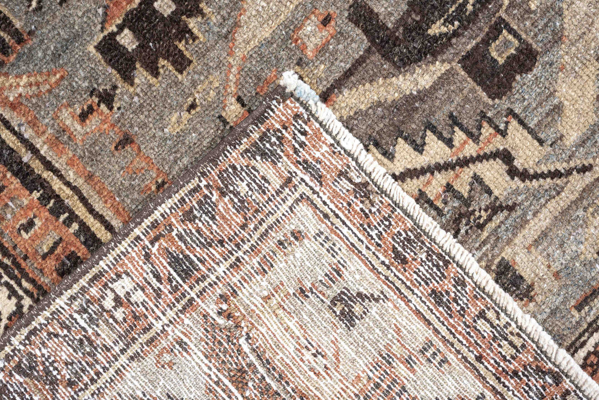 4' x 6' one-of-a-kind handmade antique Hamadan rug. Color palette: ivory, slate blue, charcoal, terracotta, taupe, ebony