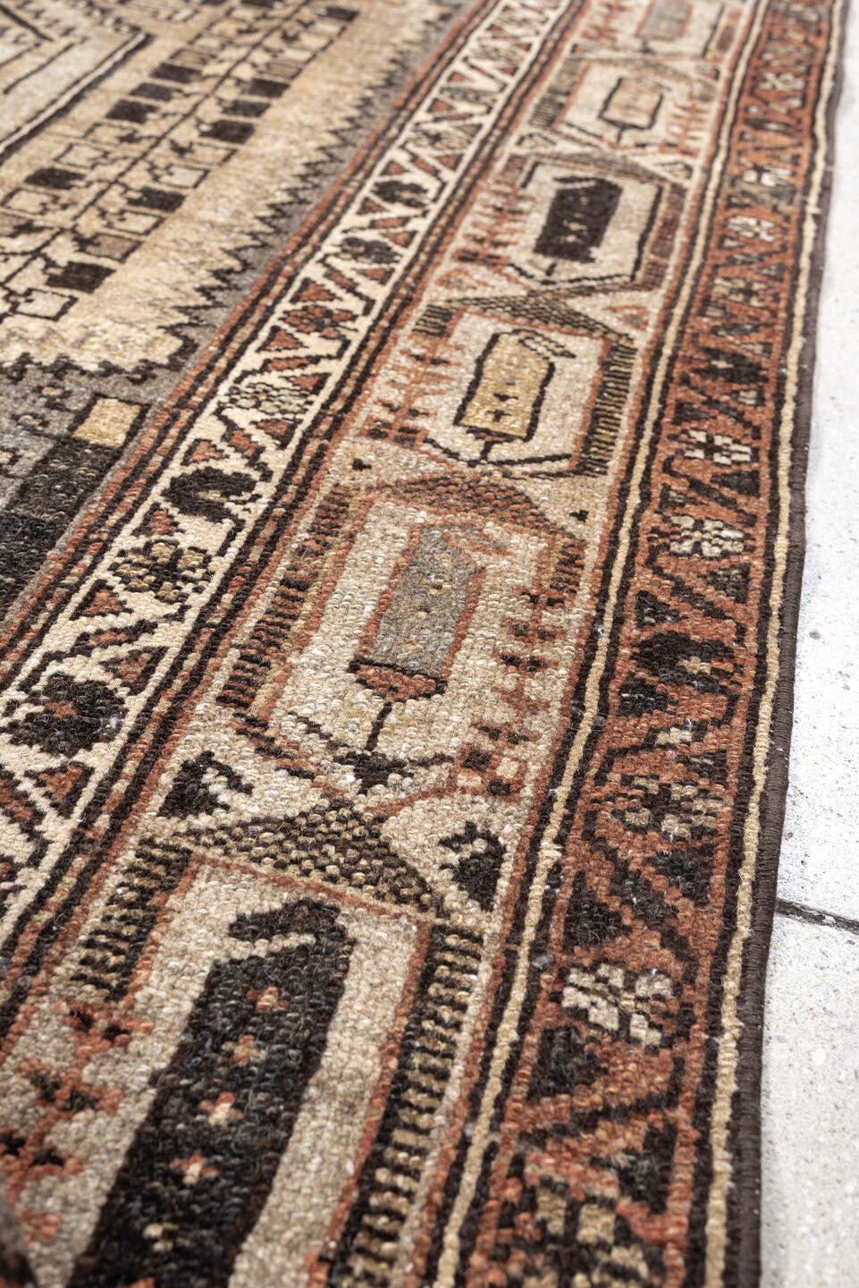 4' x 6' one-of-a-kind handmade antique Hamadan rug. Color palette: ivory, slate blue, charcoal, terracotta, taupe, ebony