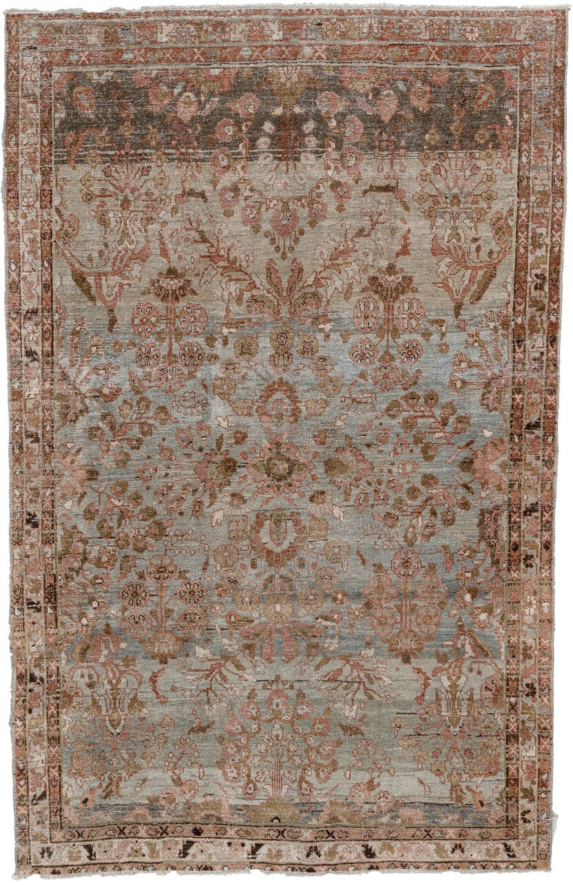 4' x 7' one-of-a-kind handmade antique Mahal rug. Color palette: sage, rose, terracotta, ivory, olive brown, charcoal, rust