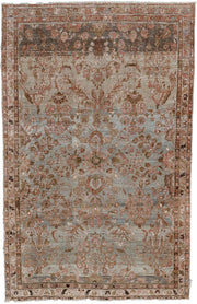 4' x 7' one-of-a-kind handmade antique Mahal rug. Color palette: sage, rose, terracotta, ivory, olive brown, charcoal, rust
