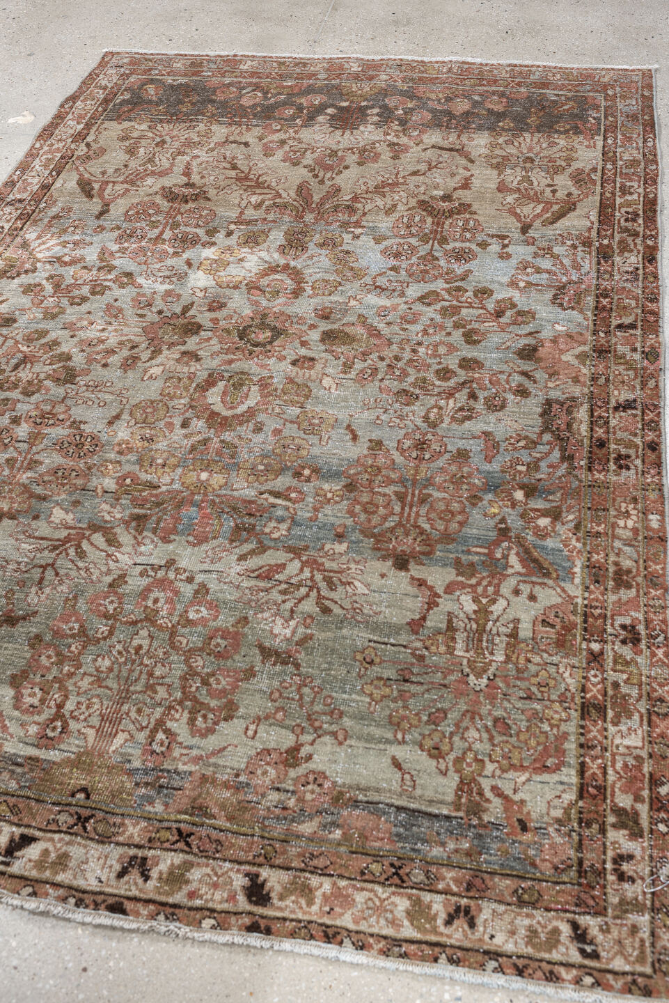 4' x 7' one-of-a-kind handmade antique Mahal rug. Color palette: sage, rose, terracotta, ivory, olive brown, charcoal, rust