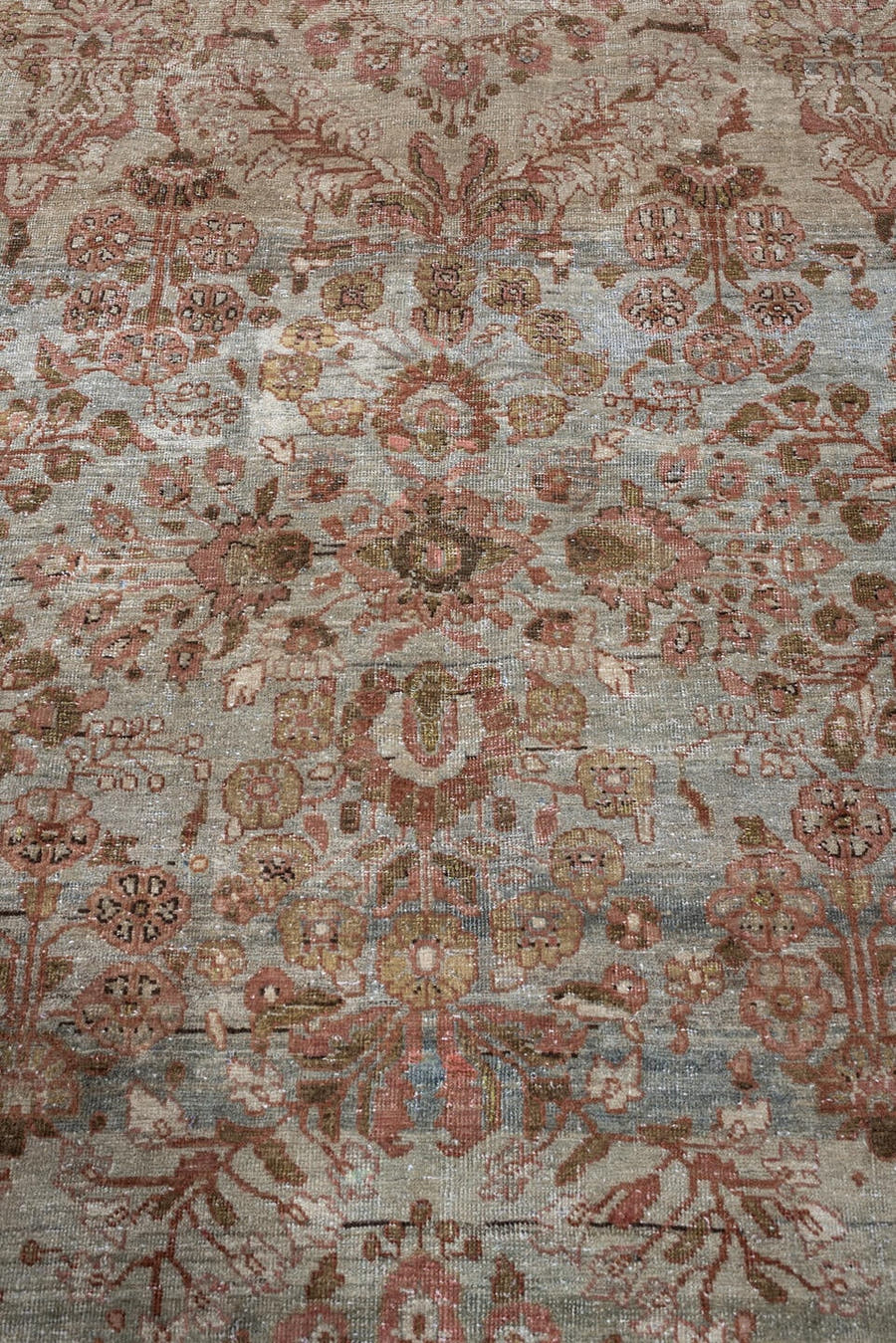 4' x 7' one-of-a-kind handmade antique Mahal rug. Color palette: sage, rose, terracotta, ivory, olive brown, charcoal, rust