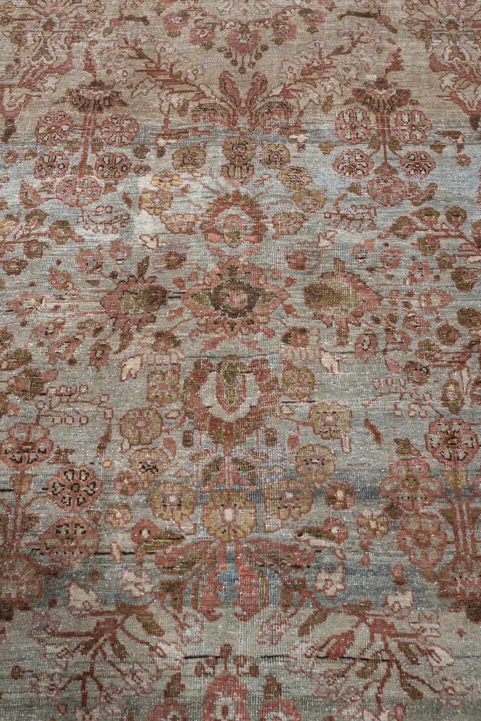 4' x 7' one-of-a-kind handmade antique Mahal rug. Color palette: sage, rose, terracotta, ivory, olive brown, charcoal, rust