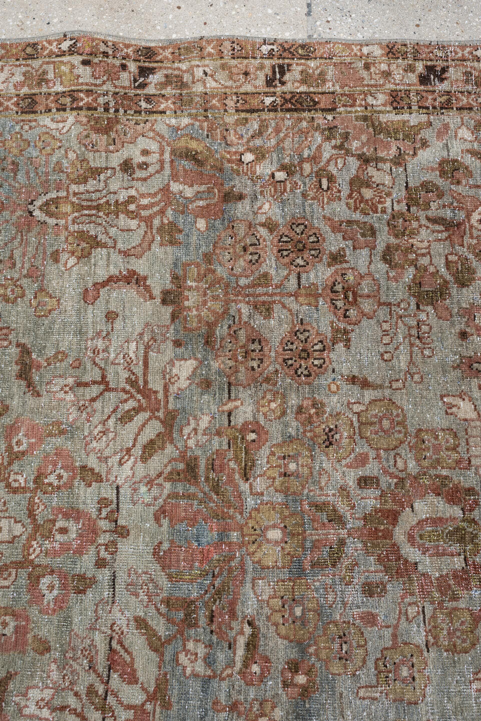 4' x 7' one-of-a-kind handmade antique Mahal rug. Color palette: sage, rose, terracotta, ivory, olive brown, charcoal, rust