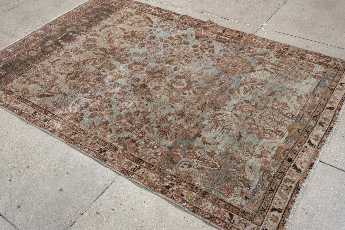 4' x 7' one-of-a-kind handmade antique Mahal rug. Color palette: sage, rose, terracotta, ivory, olive brown, charcoal, rust