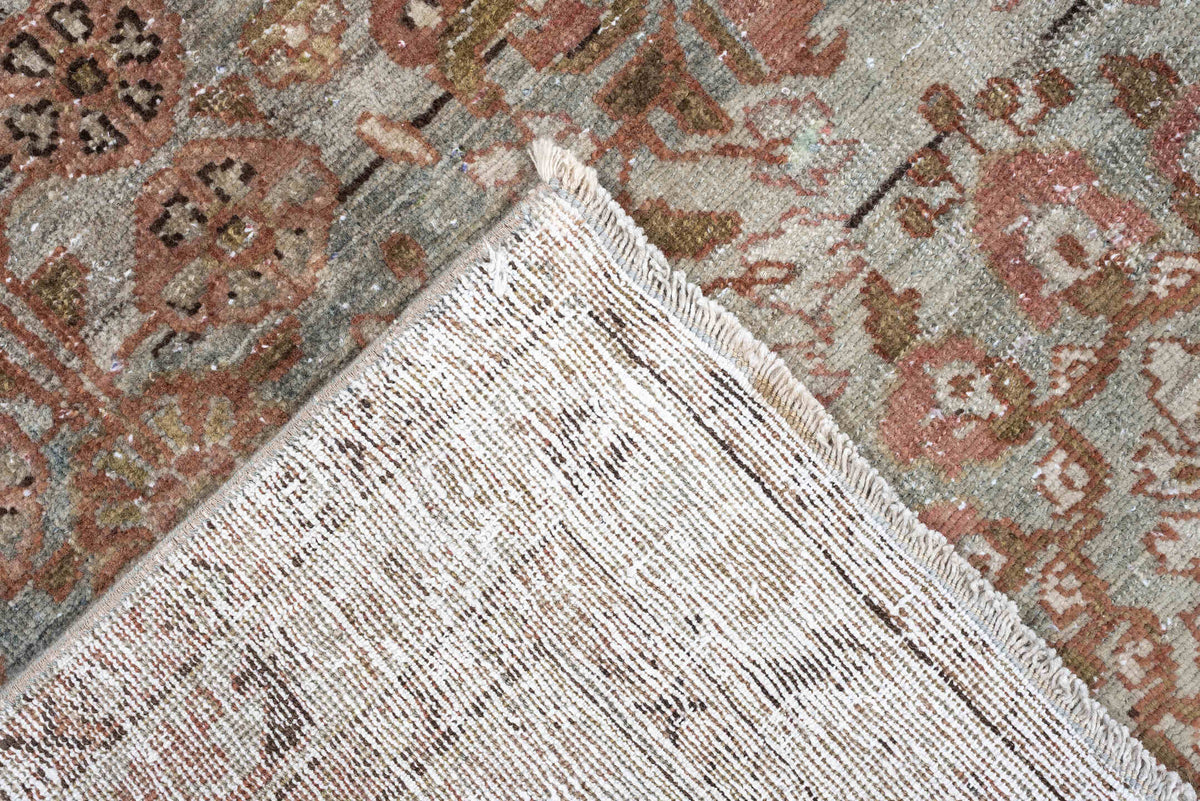 4' x 7' one-of-a-kind handmade antique Mahal rug. Color palette: sage, rose, terracotta, ivory, olive brown, charcoal, rust