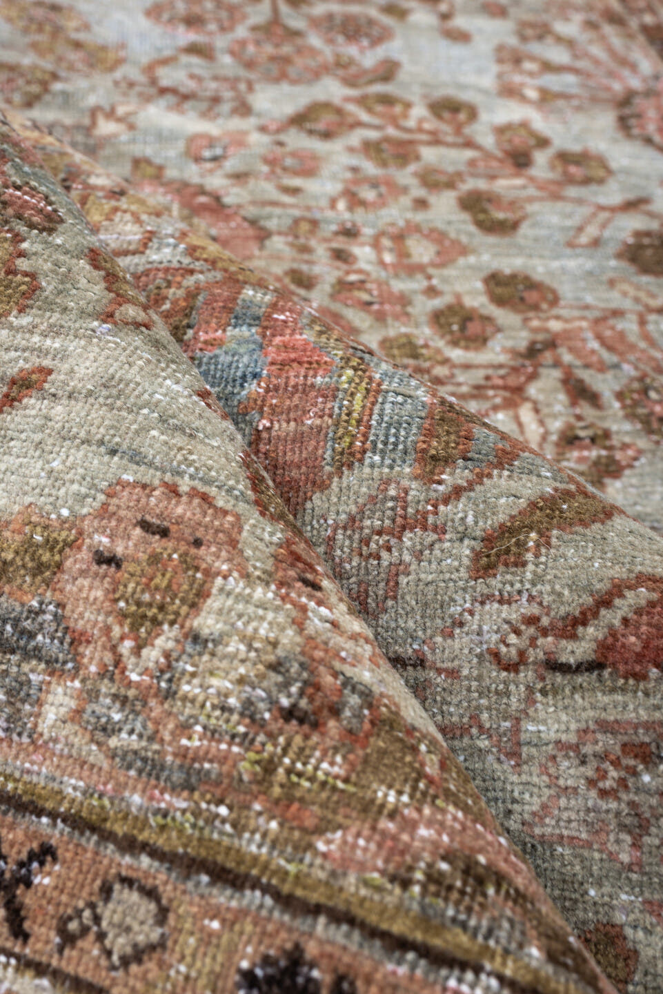 4' x 7' one-of-a-kind handmade antique Mahal rug. Color palette: sage, rose, terracotta, ivory, olive brown, charcoal, rust