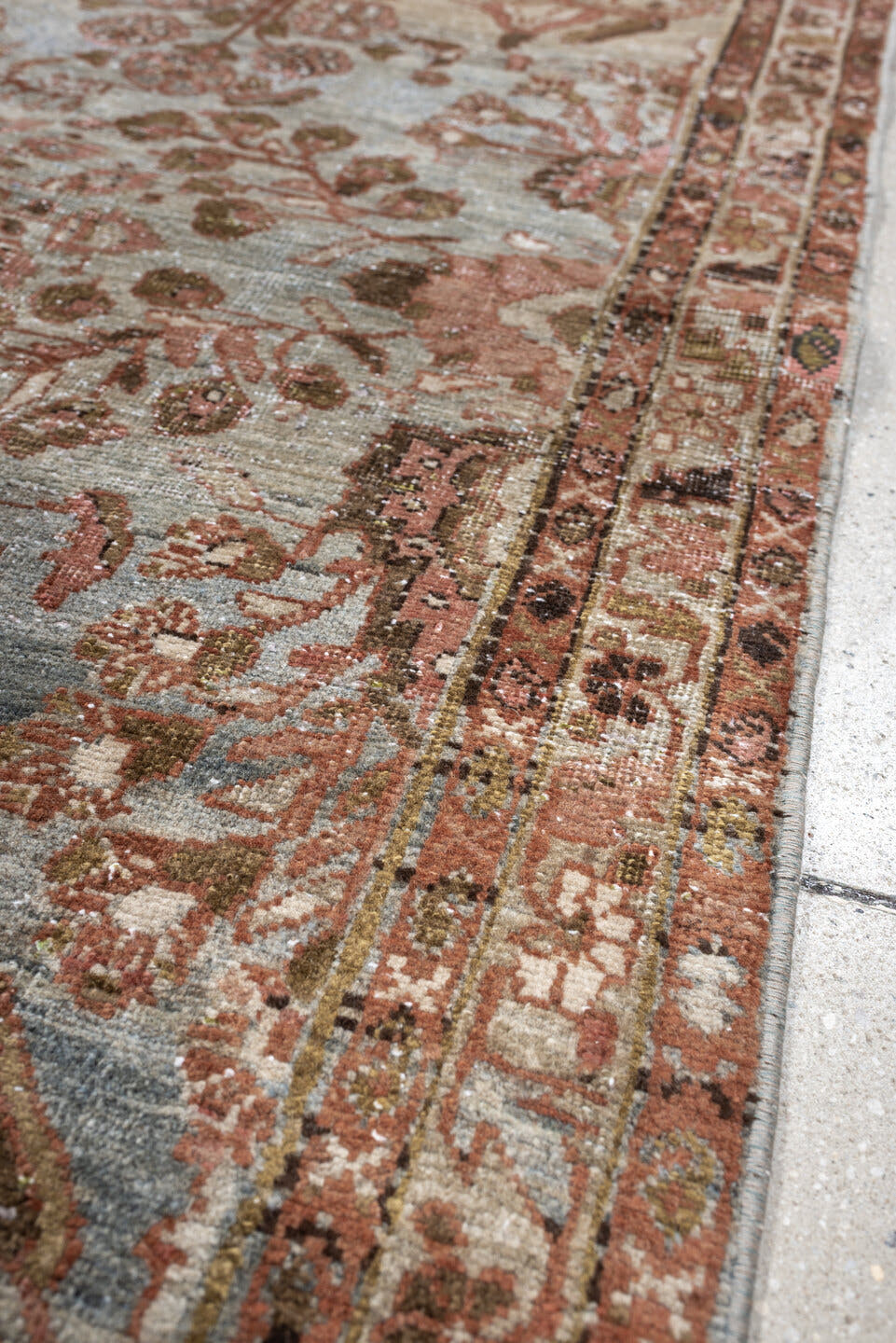 4' x 7' one-of-a-kind handmade antique Mahal rug. Color palette: sage, rose, terracotta, ivory, olive brown, charcoal, rust