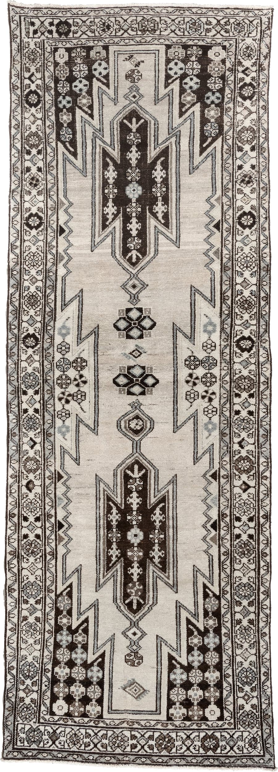 3' x 9' one-of-a-kind handmade antique Mazlagan runner rug. Color palette: ivory, dark brown, charcoal, taupe, soft gray