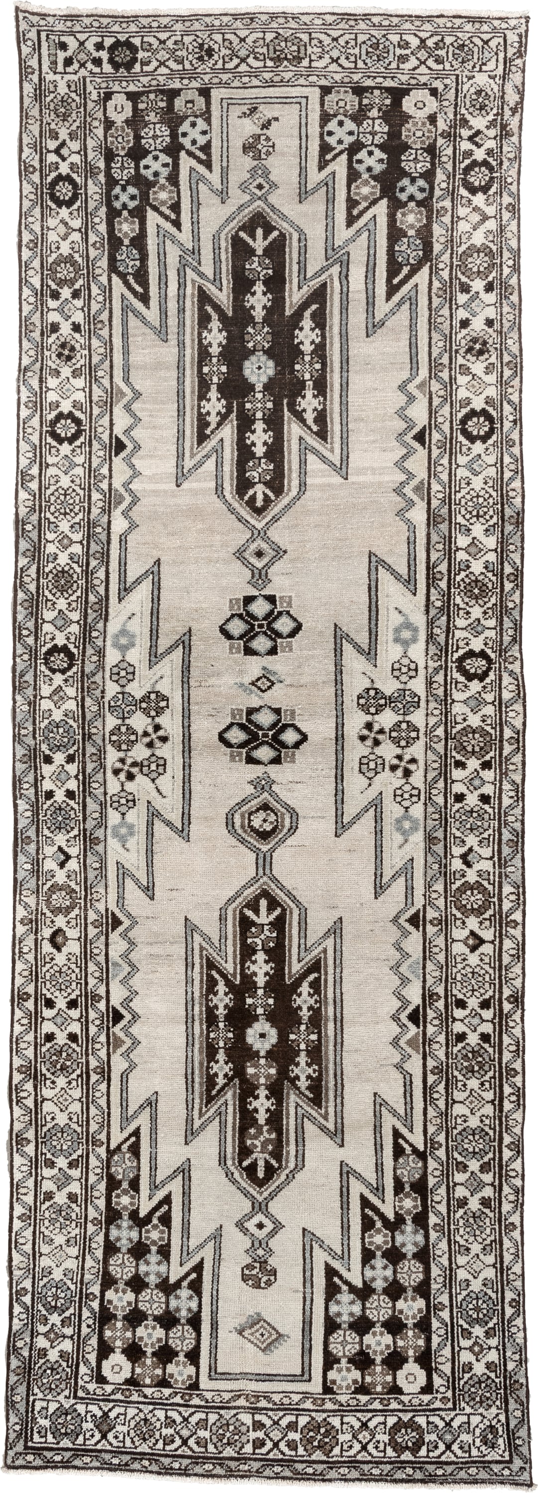 3' x 9' one-of-a-kind handmade antique Mazlagan runner rug. Color palette: ivory, dark brown, charcoal, taupe, soft gray