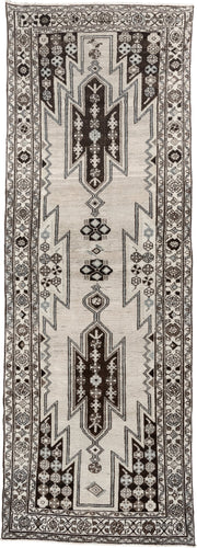 3' x 9' one-of-a-kind handmade antique Mazlagan runner rug. Color palette: ivory, dark brown, charcoal, taupe, soft gray