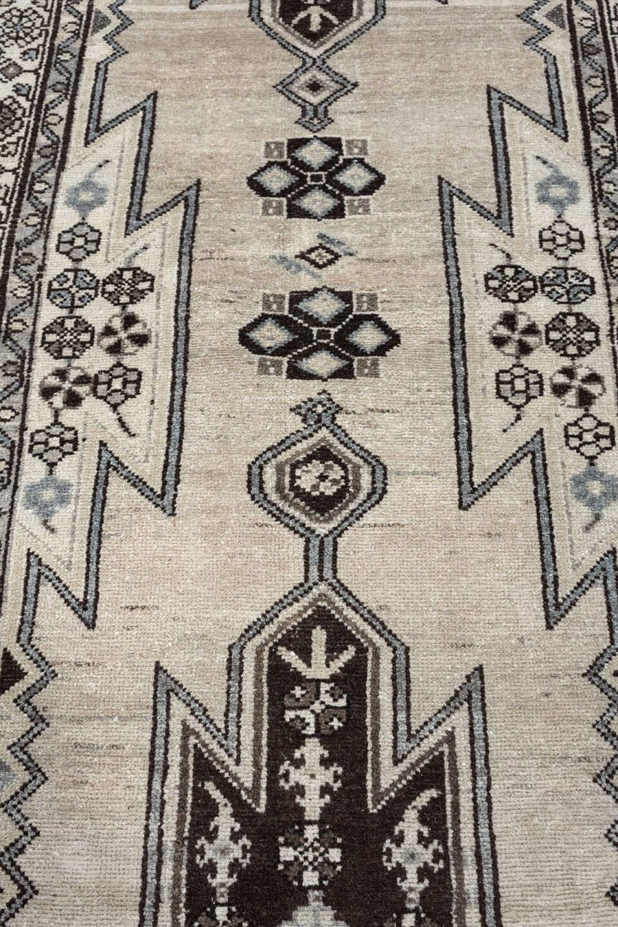 3' x 9' one-of-a-kind handmade antique Mazlagan runner rug. Color palette: ivory, dark brown, charcoal, taupe, soft gray