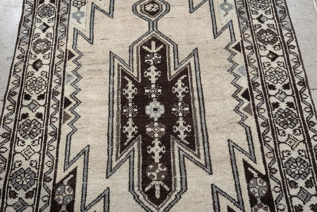 3' x 9' one-of-a-kind handmade antique Mazlagan runner rug. Color palette: ivory, dark brown, charcoal, taupe, soft gray