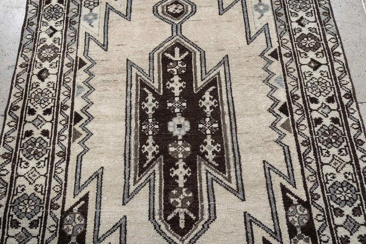 3' x 9' one-of-a-kind handmade antique Mazlagan runner rug. Color palette: ivory, dark brown, charcoal, taupe, soft gray