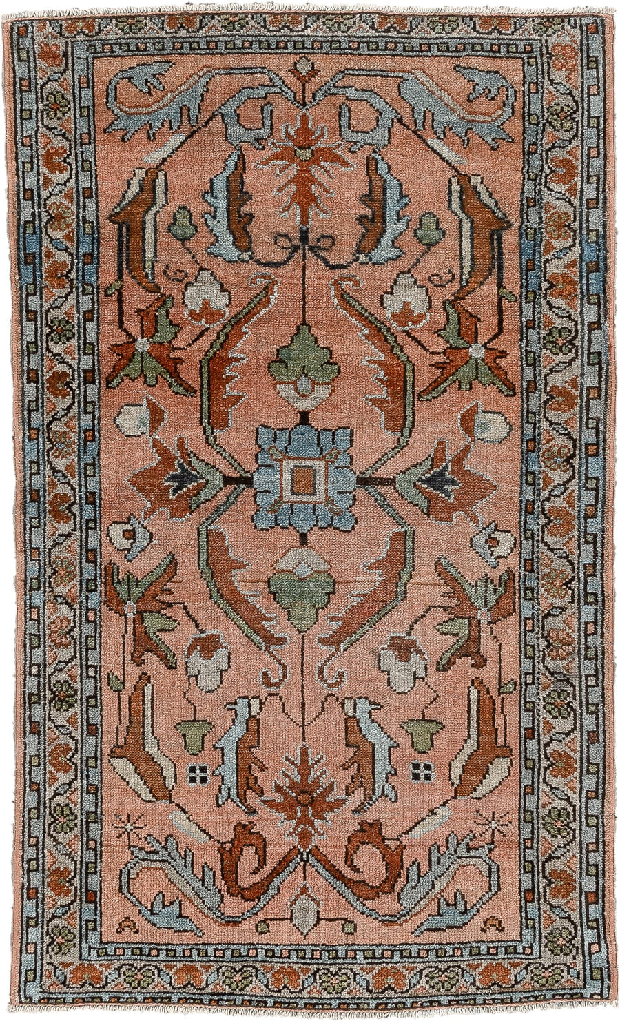 2' x 4' one-of-a-kind handmade antique Lilian small size rug. Color palette: salmon, slate blue, ivory, sage, rust, charcoal