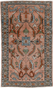 2' x 4' one-of-a-kind handmade antique Lilian small size rug. Color palette: salmon, slate blue, ivory, sage, rust, charcoal