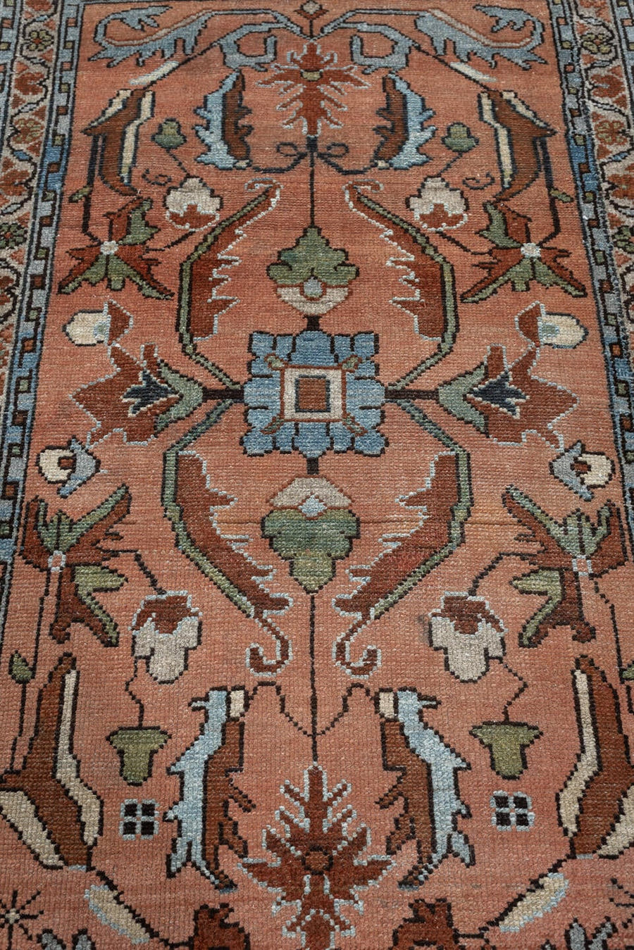 2' x 4' one-of-a-kind handmade antique Lilian small size rug. Color palette: salmon, slate blue, ivory, sage, rust, charcoal
