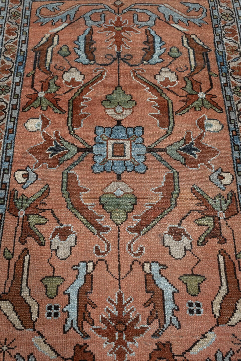 2' x 4' one-of-a-kind handmade antique Lilian small size rug. Color palette: salmon, slate blue, ivory, sage, rust, charcoal
