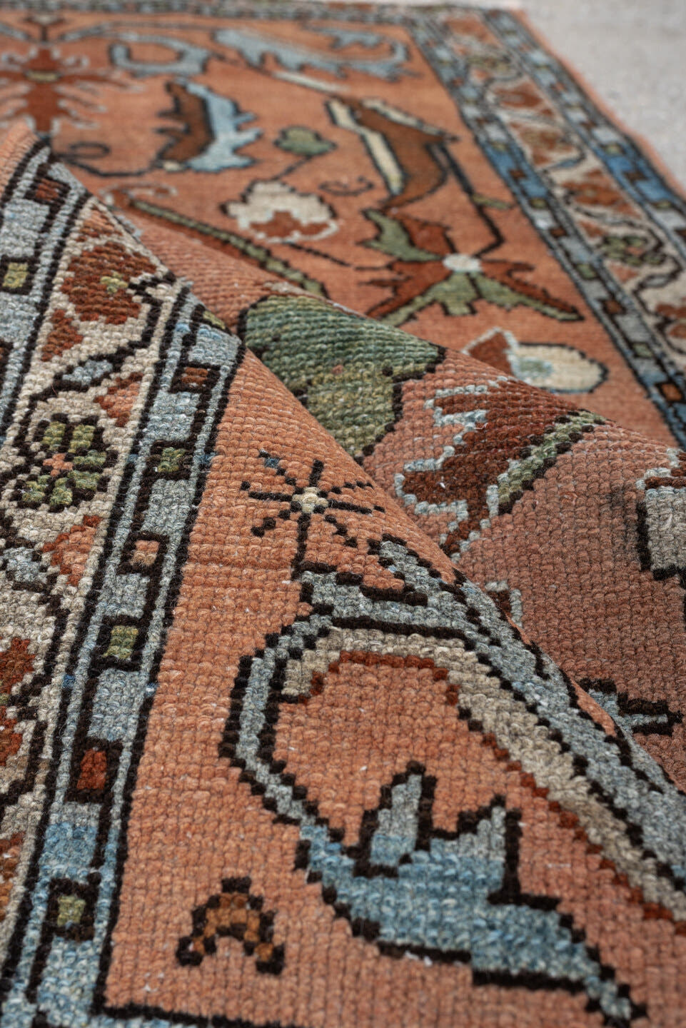 2' x 4' one-of-a-kind handmade antique Lilian small size rug. Color palette: salmon, slate blue, ivory, sage, rust, charcoal
