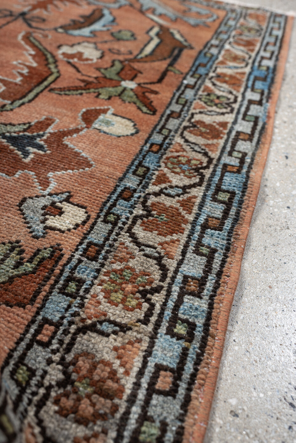 2' x 4' one-of-a-kind handmade antique Lilian small size rug. Color palette: salmon, slate blue, ivory, sage, rust, charcoal