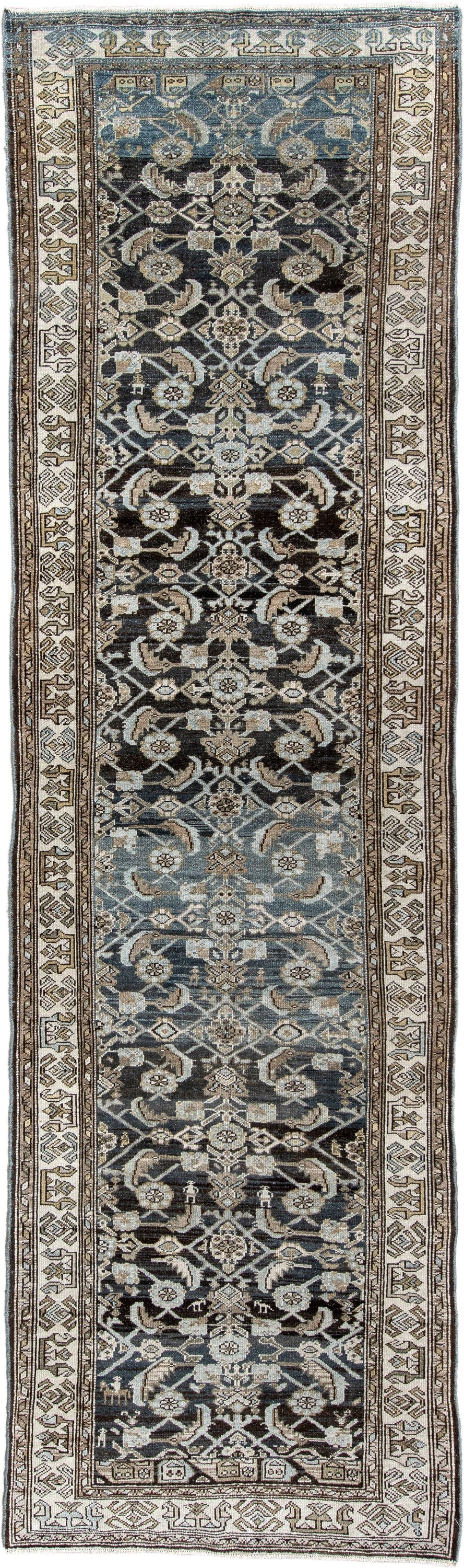 3' x 12' one-of-a-kind handmade antique Malayer runner rug. Color palette: charcoal, ivory, blue gray, taupe, slate, camel