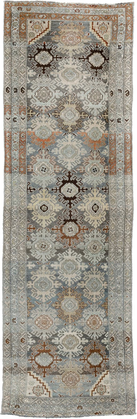 3' x 9' one-of-a-kind handmade antique Bibikabad runner rug. Color palette: blue gray, ivory, rust, taupe, charcoal