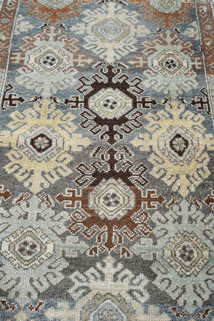 3' x 9' one-of-a-kind handmade antique Bibikabad runner rug. Color palette: blue gray, ivory, rust, taupe, charcoal